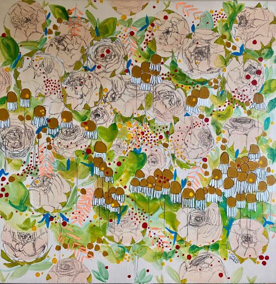 FIESTA 80x80 cm Fusain,  posca et acrylique sur toile 2024 -750 €